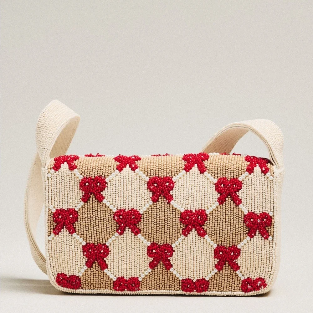 Anthropologie The Fiona Beaded Bag: Winter Icon Edition | Checkered Bows | NWT